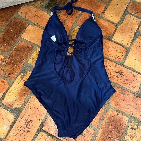 Kona Sol Navy Halter Crochet One Piece Swimsuit - Picture 4 of 5